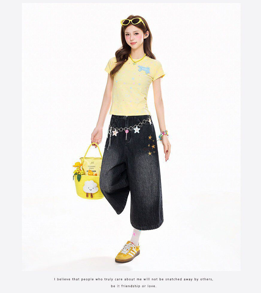 Vintage Wash Star Embroidered Denim Shorts Loose Wide Leg Capri Jeans