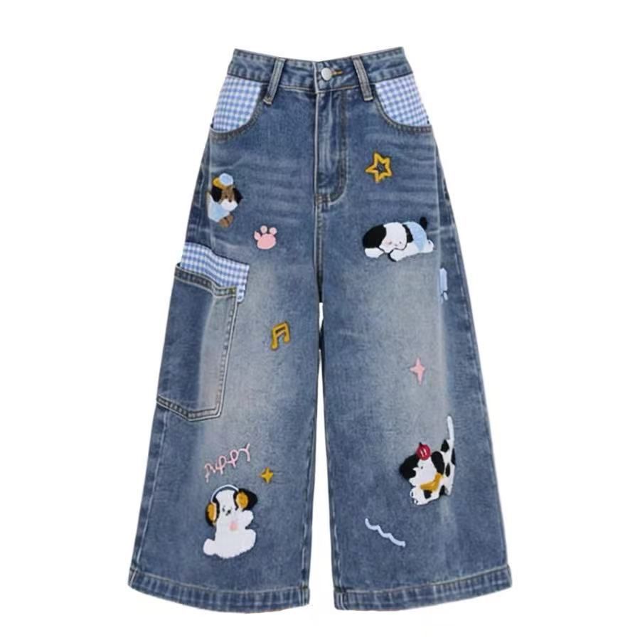 Cute Puppy Embroidery Plaid Spliced Cropped Wide Leg Denim Culottes