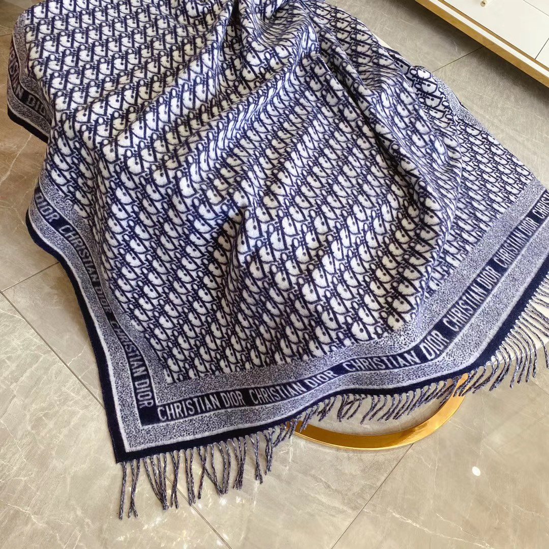 Dior Navy Blue & Ivory Fringed Scarf