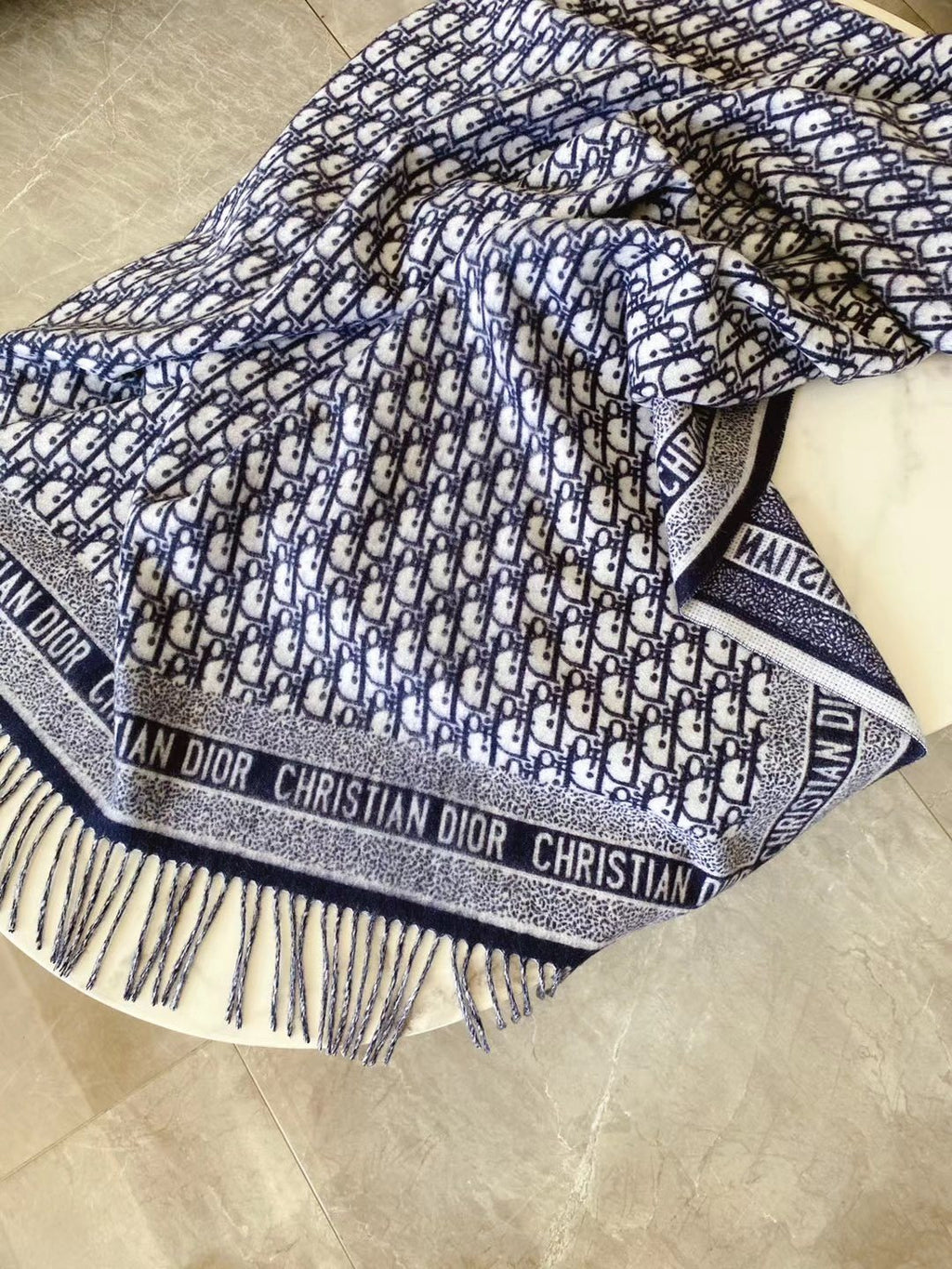 Dior Navy Blue & Ivory Fringed Scarf