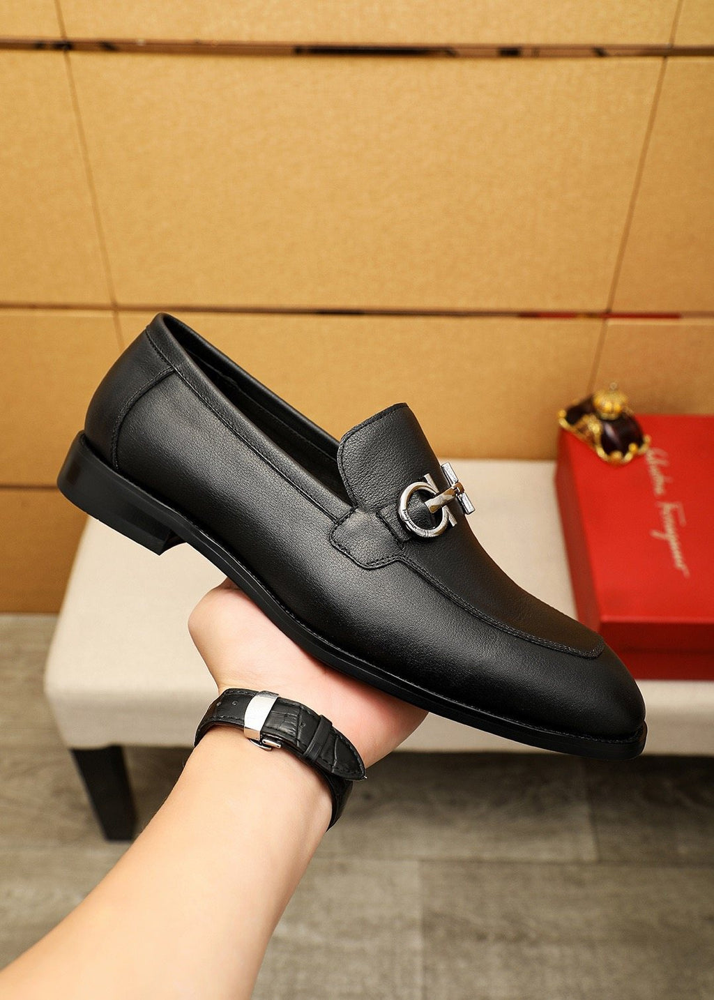 Ferragamo Black Textured Loafers