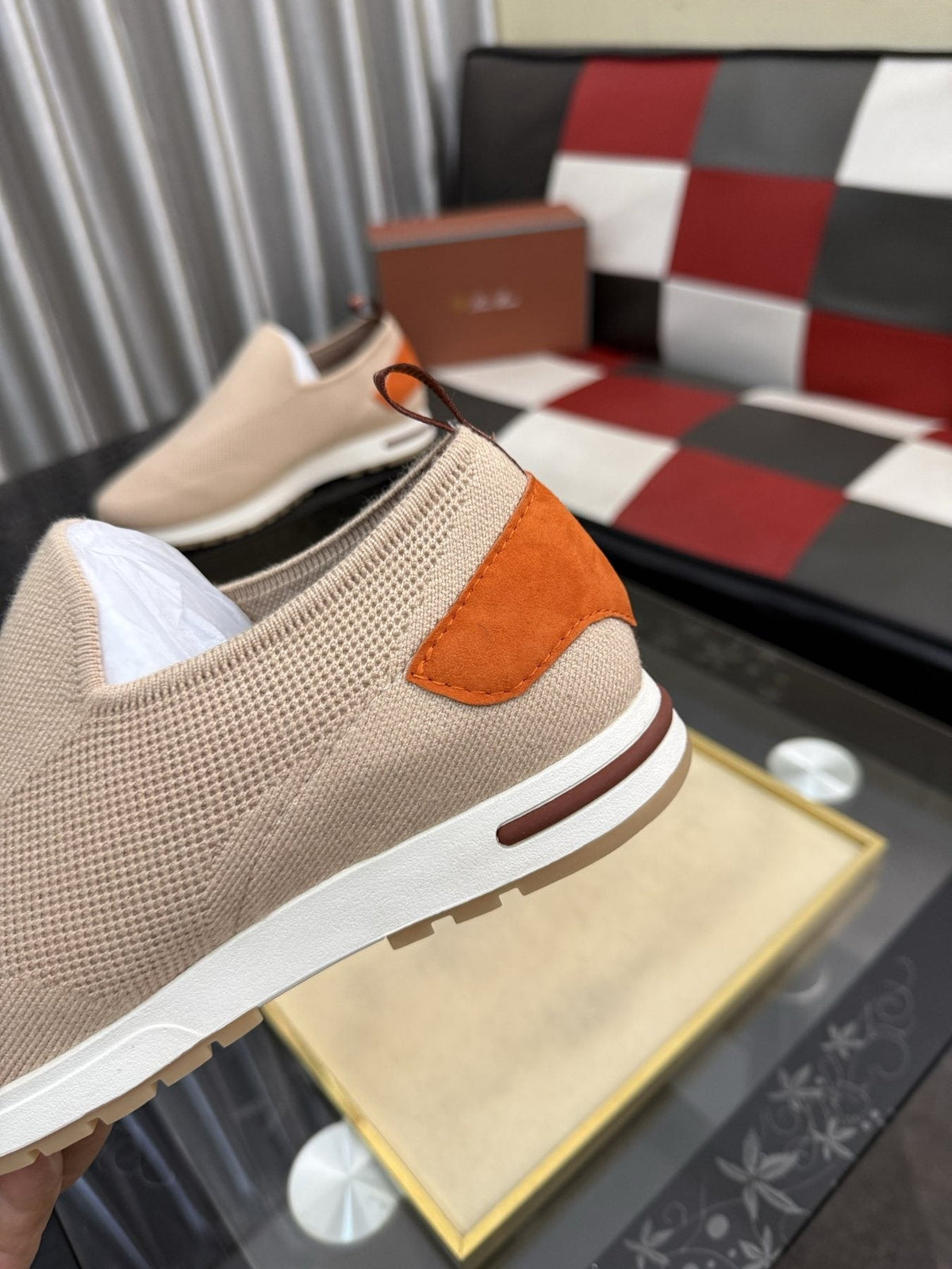 Men's Beige Slip-On Sneakers with Orange-Brown Heel Accent