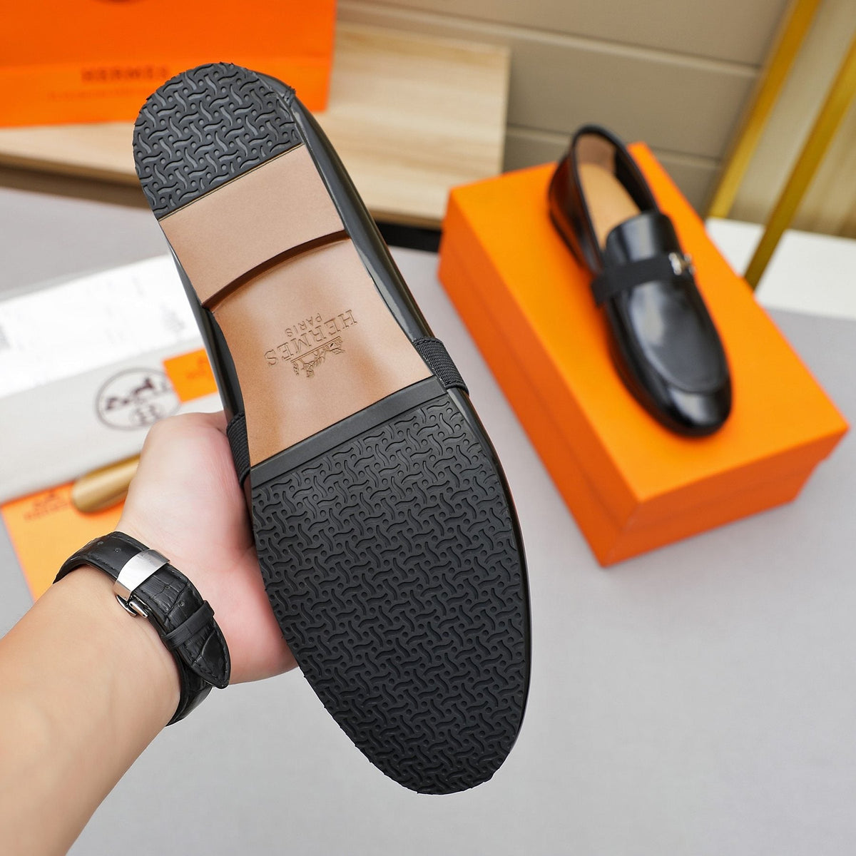 Hermès Men's Black H-Hardware Loafers - Leather Lining