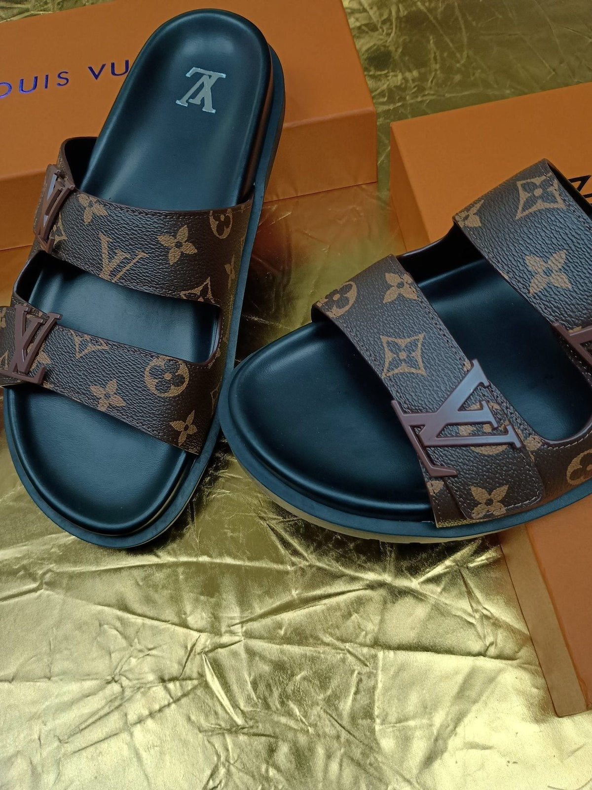 Louis Vuitton Monogram Double-Strap Slide Sandals - Dark Brown and Black