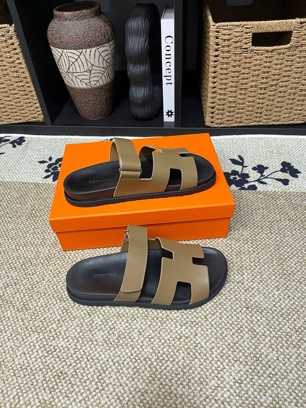 Hermes Men's Kazimir Tan and Black Slide Sandals