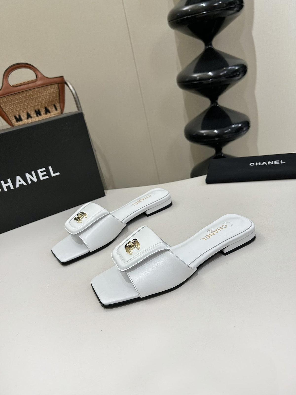 Chanel Square-Toe Leather Slide Sandals
