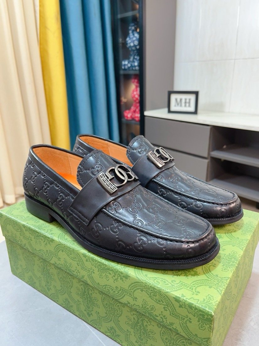 Gucci Embossed Metal-Hardware Loafers