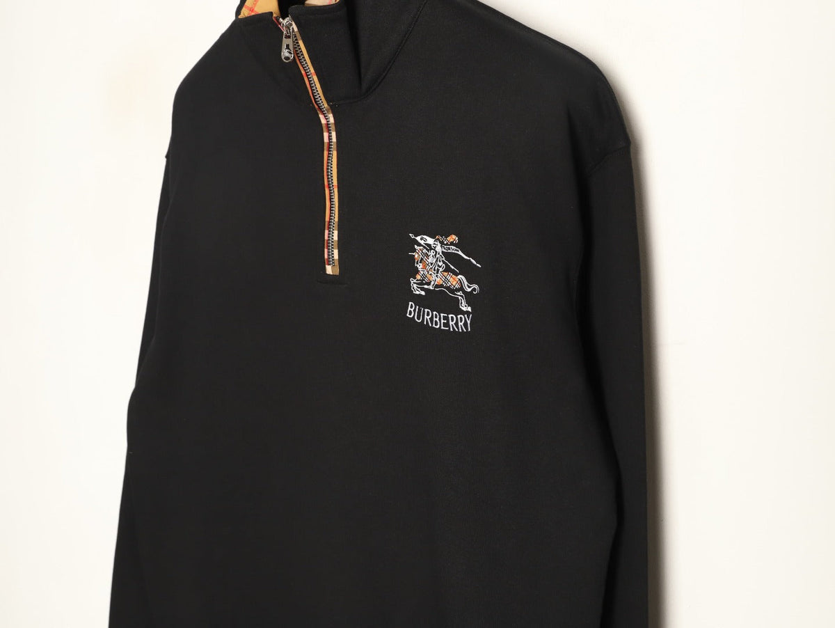 Burberry Equestrian-Detail Collared Half-Zip Sweatshirt - Black