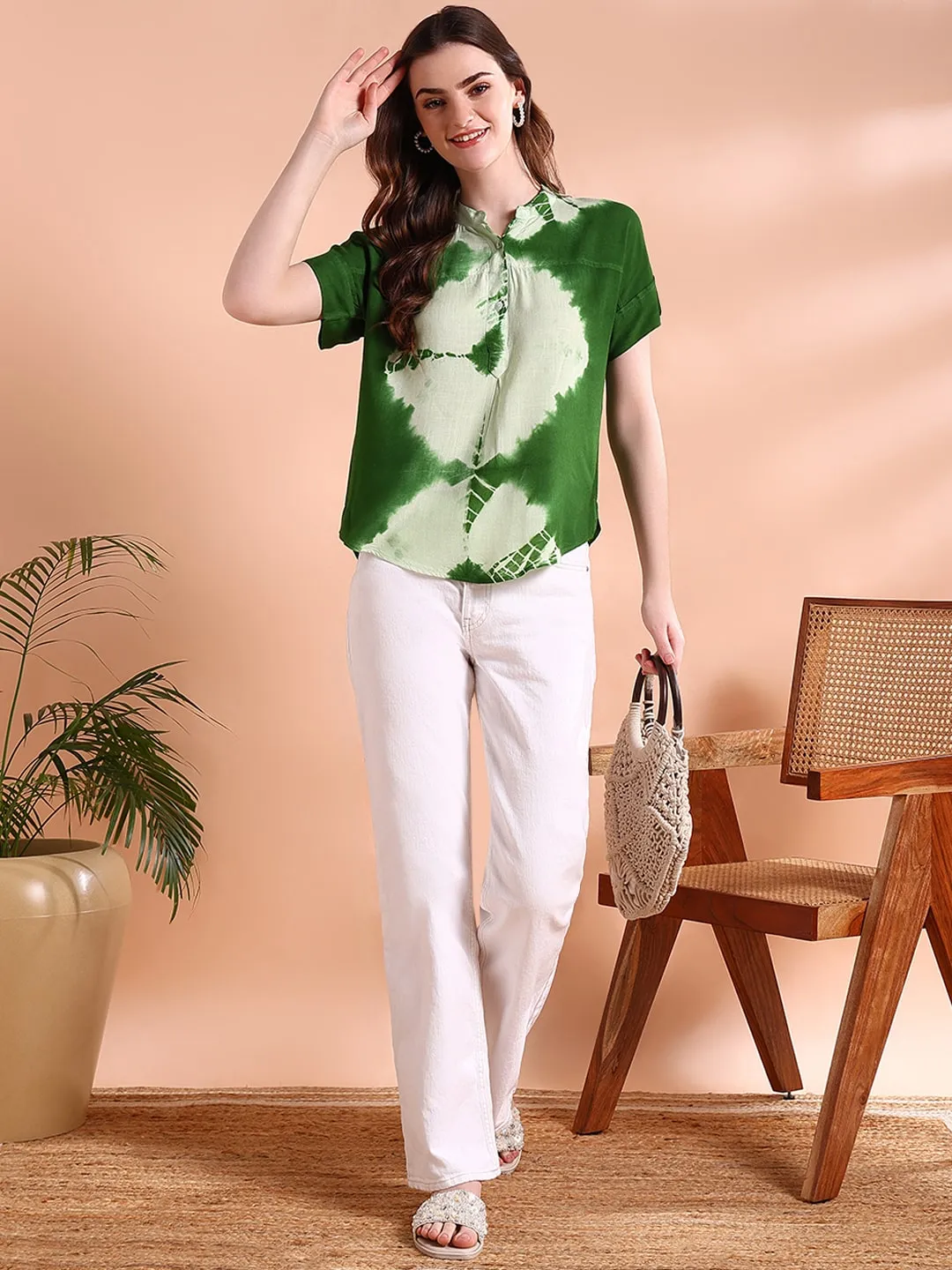 Vibrant Green Tie-Dye Everywhere Top In Soft Rayon